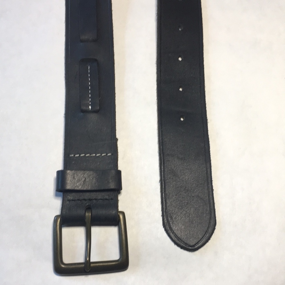 Banana Republic black leather belt with brass square buckle.